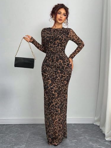 Image of LIGHT DOT Women's Printed Bodycon Maxi Dress Long Sleeve Tie Dye Mesh Ruched Cocktail Dress