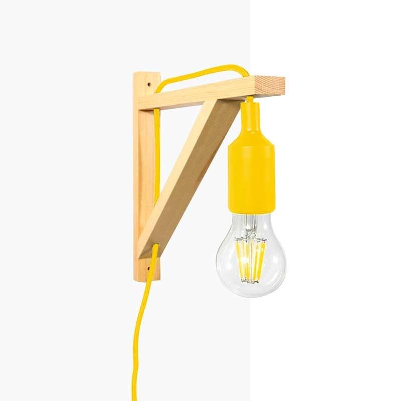 BarcelonaLED Aplique de Pared con Cable Enchufe Interruptor Nórdico de Escuadra de Madera Colgante de Silicona Amarillo Casquillo E27 LED