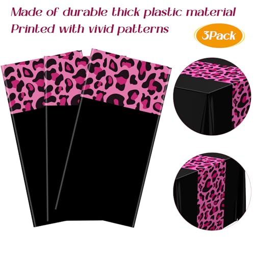 Image of Buryeah Leopard Print Tablecloth 54 x 108'' Leopard Plastic Table Cover Disposable Safari Animal Cheetah Print Party Decorations for Baby Shower Wedding Birthday Party Favors (Pink Black,3 Pcs)