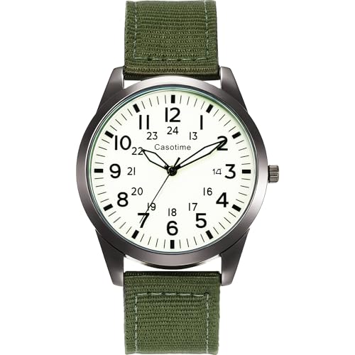 Casotime Tactical Military Watch for Men Field-Tested Analog Quartz with Green Luminous Dial 30M Water Resistant Black Case Green Nylon Band & Second Hand | Unisex Army Sport Wristwatch