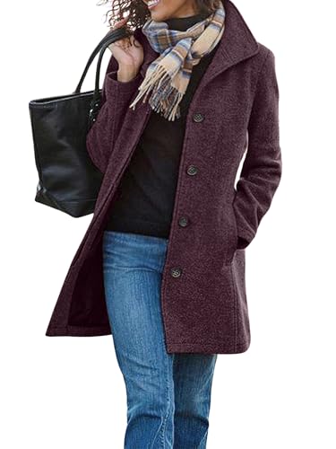 CHARTOU Women's Casual Thicken Wool Blend Stand Collar Single Breasted Pea Coat (Medium, Dark Purple)