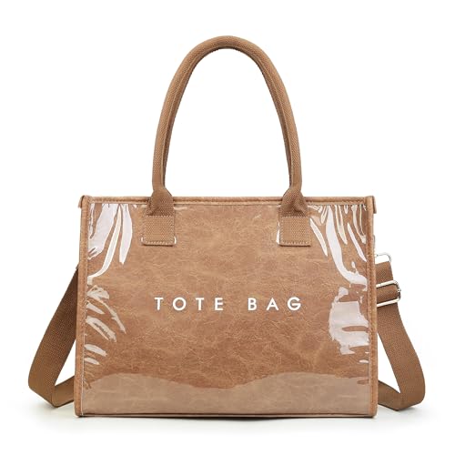 Image of GISMTR PVC Tote Bag for Women Large Letters Print Hobo Handbags Kraft Paper Shoulder Bag with Strap for Work Travel
