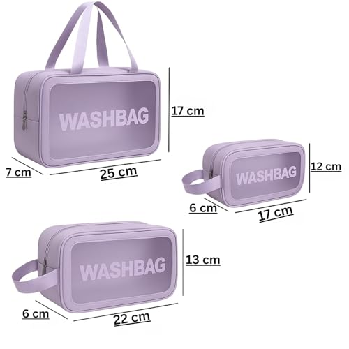 Image of Gritty Wash Bag Pouch for Travel Kit Toiletry Bag Cosmetic Bag Make Up Box for Brushes, Accessories with Handle, Large Capacity Translucent Waterproof Travel Storage Organizer Set of 3(Purple)
