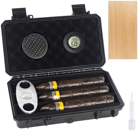 Portable Travel Cigar Humidor Case with Cigar Accessories, Waterproof Crushproof Airtight for 3 Cigars, Cigar Box for Aficionados, Cigar Gifts for Men & Women