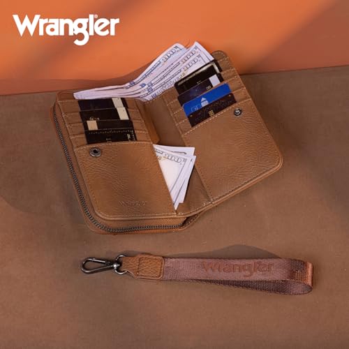 Image of Montana West Wrangler Women's Wallets Wristlet Bifold Rfid Blocking Wallets Large Capacity Brown Wallet for Ladies Female Woman Credit Card Wallet with Zipper Pocket and and Wrist Strap