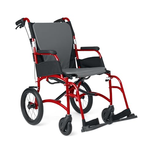 Medline Ultralight Transport Chair, Lightweight Folding Wheelchair with 12 in Rear Wheels, Padded Armrests, Swing Away Footrests, Safety Seat Belt, 300 lb Capacity, Red, 1 Count