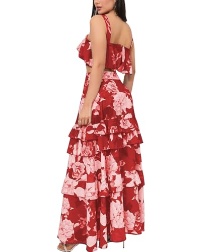 SOMTHRON Women's Summer 2 Piece Outfits Floral Print Strap Crop Tops Tiered Ruffle Skirt Sets Maxi Long Dress3