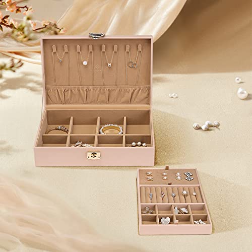 Vlando Jewelry Box For Women Girls, 2 Layer Large Jewelry Organizer Storage Case, Pu Leather Display Jewellery Holder With Removable Tray For Necklace Earrings Rings Bracelets, Home Decor Gifts,Beige #TOP25