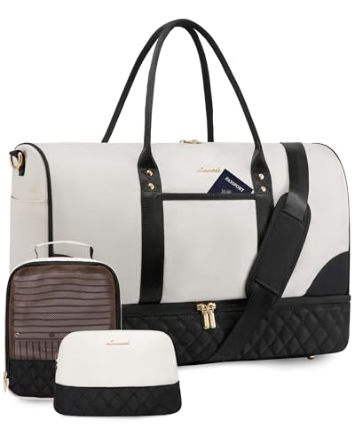 Image of LOVEVOOK Women's 22" L x 14.5" H x 9.5" W Off White Nylon Travel Weekender Bag Set with Shoe Compartment, Wet Pocket, Trolley Sleeve & Shoulder Strap