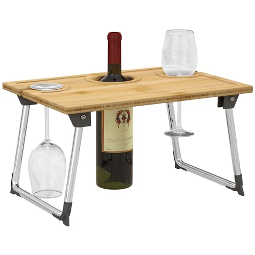 HOMCOM Mesa de Picnic Plegable para Vino, Mesa de Vino portátil con Soporte para Botellas y 2 Soportes de Vidrio, Mesa de Playa Plegable de bambú para Exteriores con Patas de Acero para Senderismo,