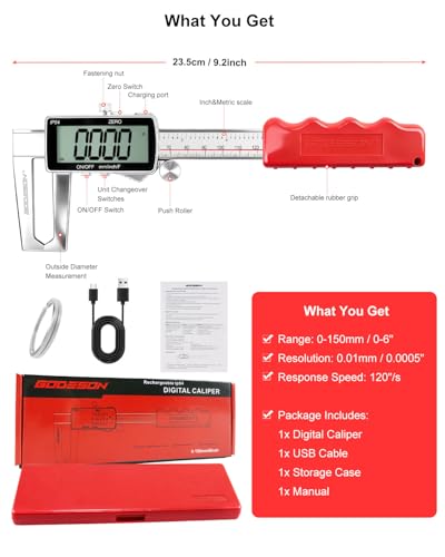Image of Digital Disc Brake Rotor Micrometer, 0-50mm /0-6 Rechargeable Brake Thickness Gauge, Digital Caliper MM /Inch /F Display, IP54 Waterproof, Stainless Steel for Auto & DIY