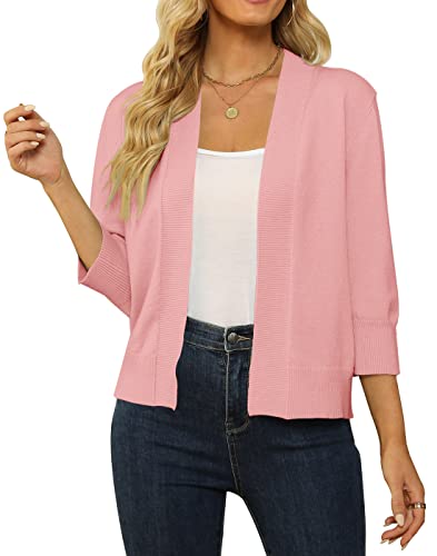 Image of Women's 3 /4 Sleeve Cropped Cardigan Sweater Open Front Short Shrugs Cardigans Lightweight Sweaters