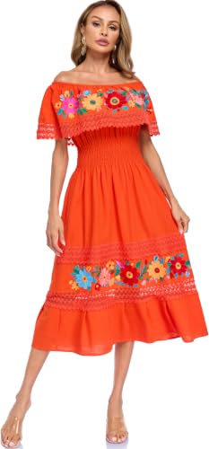 Image of Women Embroidered Mexican Dress Peasant Floral Sexy Off-Shoulder Long Dress