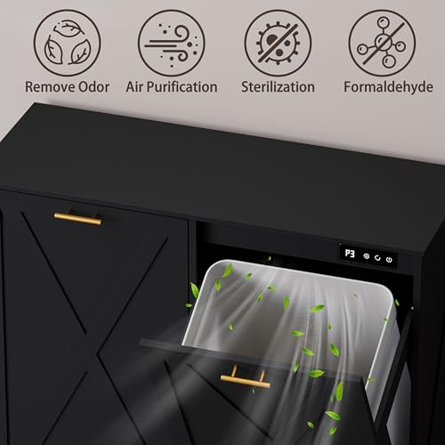 Image of Double Tilt Out Trash Can Cabinet, Wooden Farmhouse Kitchen Garbage Bin Enclosure with Negative Ion Odor Control, Hidden Dog Proof Trash or Laundry Basket Storage for Laundry Room, Black