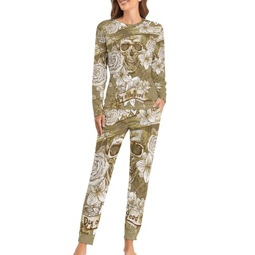 Pyjama femme retro fleur de crane avec t-shirt manches longues et pantalon de nuit