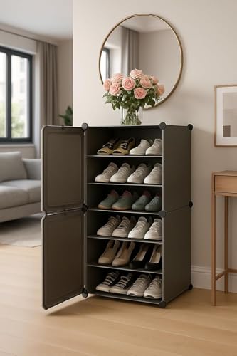 Image of Mevigo 6-Tier Shoe Rack with 2-Doors|Holds 12-Pairs |Waterproof & Dustproof Modular Plastic Shoe Cabinet|Foldable Stackable Shoe Organizer with MetalFrame |Space Saving Storage -Grey,