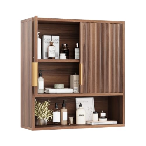 VINGLI Bathroom Wall Cabinet, Walnut Fluted Medicine Cabinet with Doors, Wall Mounted...