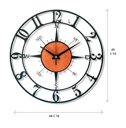 Image of Arabs Morden Metal & Wooden Analog Wall Clock for Living Room Bedroom Office Kitchen Stylish Wall Clock for Home and Hall Designer Big Size Modern (Direction, 40 CM)
