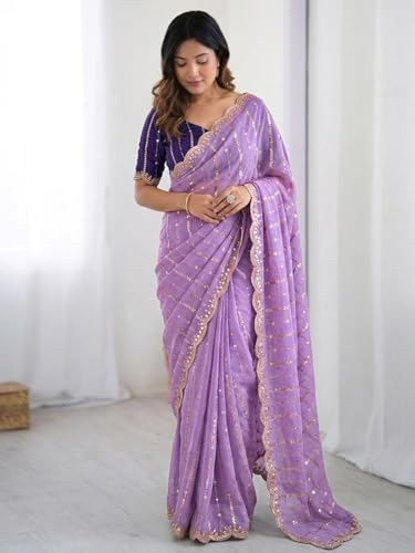Image of SIRIL Women's Shimmer Georgette Scalloped Border Sequins Embroidery Saree with Unstitched Blouse Piece