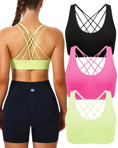 Image of Women's Cross Back Sport Bras, Seamless Padded Strappy High Support Yoga | Removable Pads, 4-Way Stretch, A-DD Cup, Full Coverage, Scoop Neck, Cropped Bra, Sweat-Wicking, Pull-on, for Yoga Gym Workout