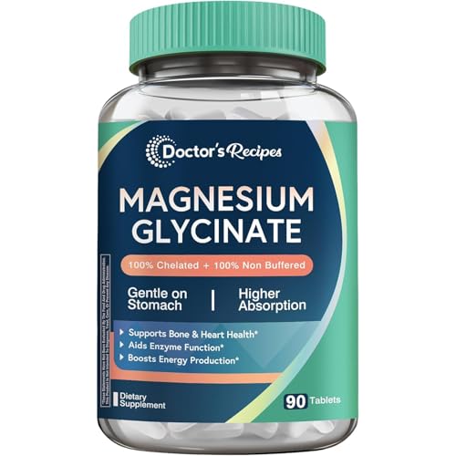 Doctor's Recipes Magnesium Glycinate, Chelated Magnesium with High Absorption & Non-Buffered, Easy on Stomach, No Gluten, Bone, Nerve & Energy Support, 90 Tablets