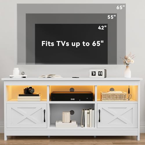 DWVO White TV Stand for 65 Inch TV, Entertainment Center, TV Cabinet with Power Outlet & LED Light Strip, Media Console Television Stands, Living Room Furniture 59 Inch
