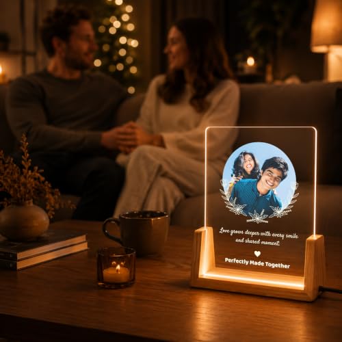 Image of Giftplease Personalized LED Acrylic Photo Frame with Custom Photo & Text | Engraved Acrylic Picture Lamp with Wooden LED Base | USB Warm Night Light for Anniversary, Wedding, Birthday, Couple & Family