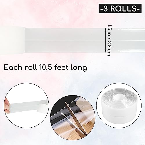 Image of 3 Rolls 10.5 Feet Caulk Tape Toilet Caulking Strip Self Adhesive Bathroom Sealing Peel and Stick Caulk Strip for Bathtub, 1.5 Inches (Transparent)