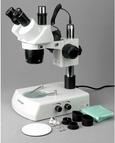 Image of AmScope SW-2T13Y Trinocular Stereo Microscope, WH10x Eyepieces, 10X /15X /30X /45X Magnification, 1X /3X Objective, Upper and Lower Halogen Lighting, Pillar Stand, 110V-120V, Includes 1.5x Barlow Lens