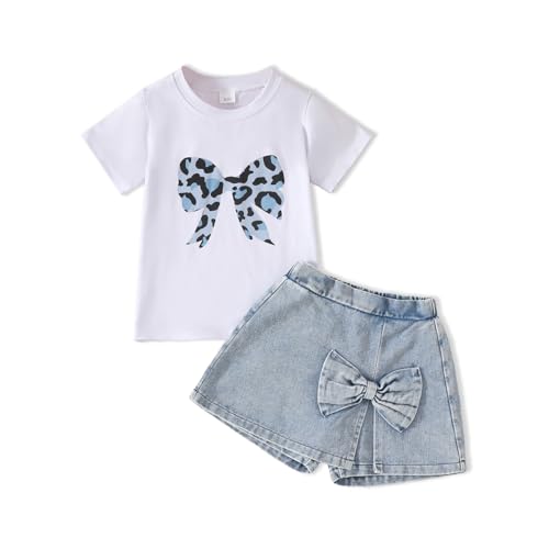 Azmxynol kid Young Girl Clothes Outfits Cute Sweet Bowknot Print T-Shirt + Bowknot 2 In 1 Denim Short Summer Clothing Set(6-7T)