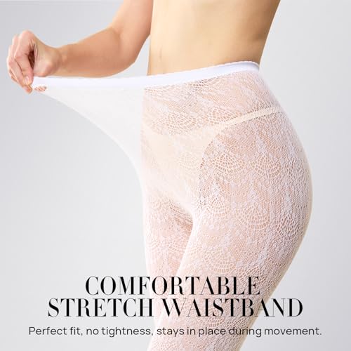 MANZI Women's Hollow Out Knitted Patterned Tights White Lace Fishnet Stockings Vertical Strips Pantyhose with High Waist