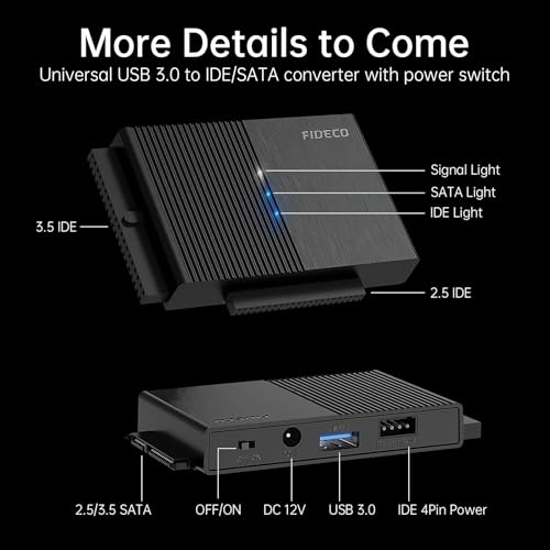 FIDECO Adaptador Lector Discos Duros USB 3.0 para 2,5'' y 3,5'' IDE y SATA HDD/SSD, CD-ROM, CD-RW, DVD-RW, Soporta 16TB MAX, Incluye Adaptador de Corriente 12V 2A - imagen 7