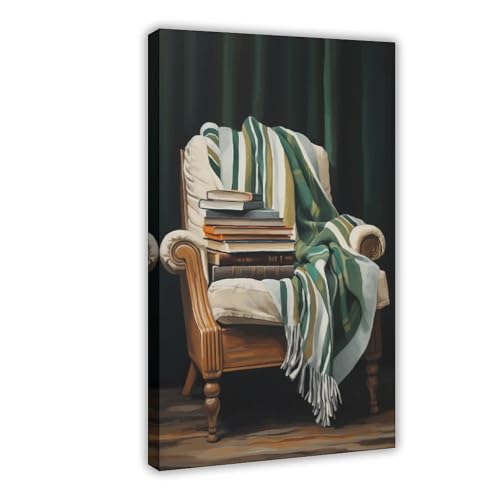 Books on Chair Green Striped Cozy Reading Nook Book Stack