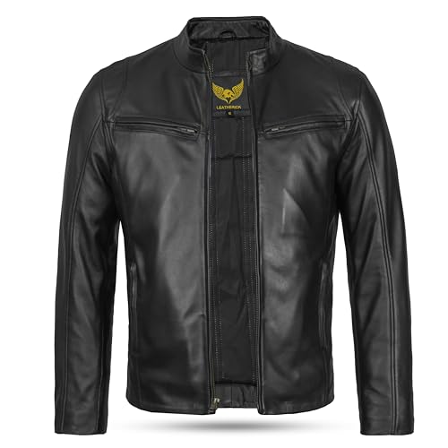 Leatherick Men's Genuine Lambskin Leather Motorcycle Jacket - Full-Grain Black Biker Jacket with Zipper and Multiple Pockets2