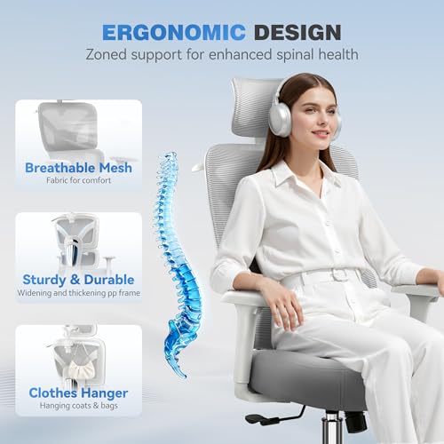 Image of Ergonomic Desk Chair, Breathable Mesh Office Chair for Long Hours, 8 Pack | Adjustable Lumbar Support for Back Pain Relief, 4.33'' Thick Foam Cushion, 3D Headrest, Computer Chair for Home Office, Gray