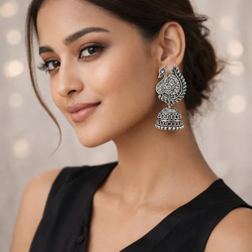 Image of 16 Pair Oxidised Silver Earring Jhuma Box Combo Set - Traditional Jhumka Earrings, Chandbali & Stud Collection for Women, Silver Trendy 16 Pair Earrings Jhumka Earrings Wirh Black Velvet Box