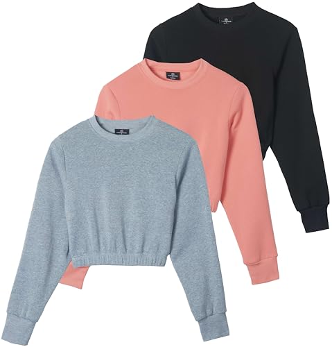 Real Essentials 3 Pack: Women's Fleece Cropped Sweatshirt - Long Sleeve Crew Neck Crop Top (Available in Plus Size)