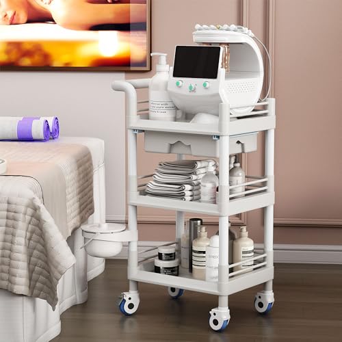 lesolar Medical Trolley 3 Tier Rolling Medical Utility Cart with Dirt Bucket & Drawer Heavy Duty Esthetician Trolley Cart for Spa Beauty Salon Wax