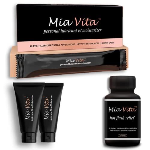 Femme Pharma Mia Vita Bundle of Hot Flash Supplements for Menopause Relief, Vulvar Dryness Gel Tube Moisturizer and Pre Filled Vaginal Dryness Moisturizer applicators, Intimate Skin Itch Relief and Burning for Women Feminine Care (Pack of 13)