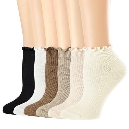 Image of Mcool Mary Womens Ankle Ruffle Socks Casual Cotton Frilly Breathable Cute Knit Lettuce Trim No Show Socks 6 Pack