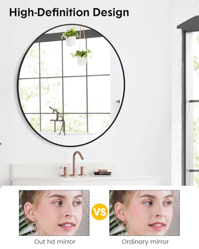 Round Mirror, 32 inch Circle Mirror, HD Eco-Friendly Round Bathroom Mirror for Over Sink, Big Matte Black Metal Framed Wall Mirror for Wall, Vanity, Entryway, Hallway, Living Room, Easy to Install
