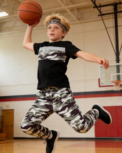 Image of OLMRJKD Boys 2 Piece Outfits Color Block Clothes Short Sleeve T Shirt and Camouflage Pants Summer Clothing Sets