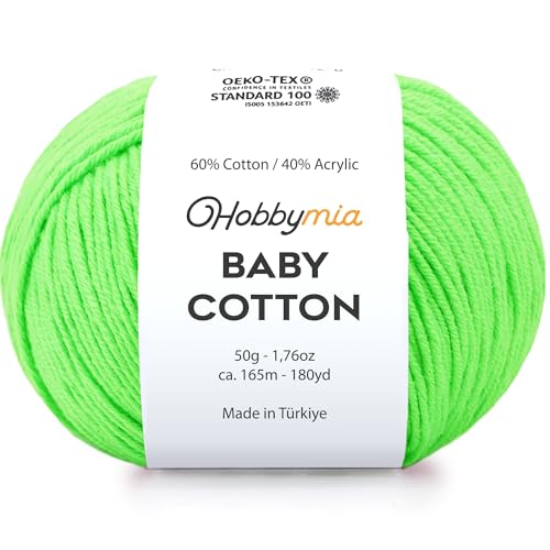 Image of Baby Cotton Blend Yarn - Soft Sport Weight Yarn for Crochet & Amigurumi - 50g /180yds - 60% Cotton 40% Acrylic - Ideal for Baby & Knitting Proj.(Neon Green, 1 Ball)