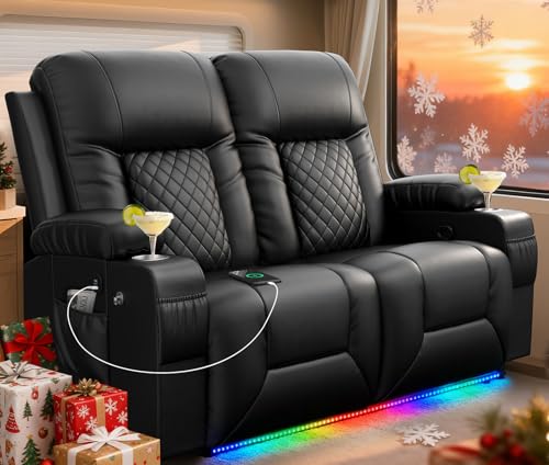 MOSGAT RV Loveseat Recliner Sofa, Reclining Loveseat Wall Hugger Recliners with USB Ports, Cup Holders, Insert Pockets, RV Recliners for Travel Trailers & Living Room, RV Furniture | RV Couch | Black