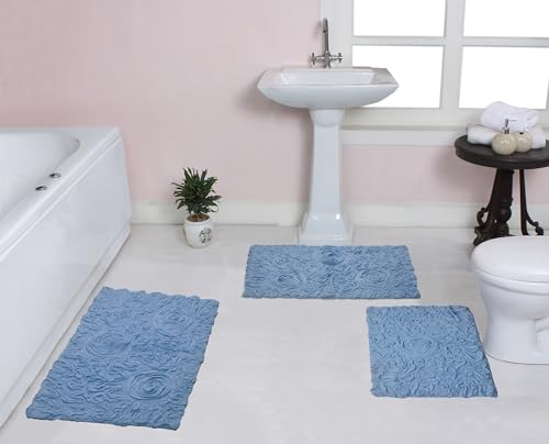 Home Weavers Bell Flower Collection - Tapetes de baño 100 % algodón, extrasuaves y absorbentes, antideslizantes, lavables a máquina, para suelo y bañera, juego de 3 piezas, azul cielo