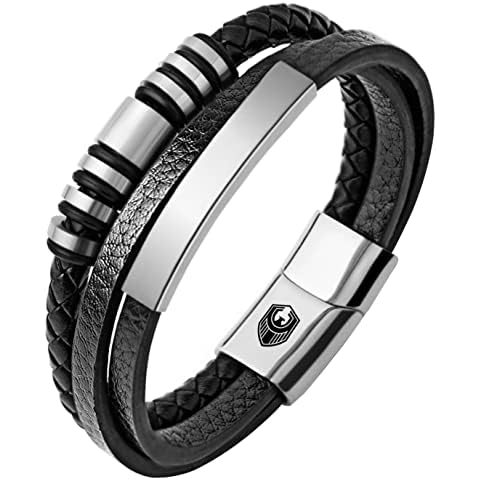SHIEAGLELD Leather Bracelet, Mens Braided Leather Cuff Bracelets for men, Cowhide Braided bangle, punk wristband, 7.5-8.7 Inches, with Stainless Steel Magnetic Clasp & Premium Gift Box (Silver, 7.9) Cover