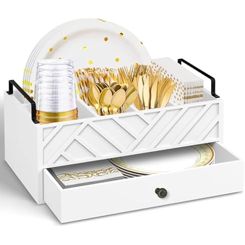 Ameuphercy Paper Plate Holder Utensil Caddy for Kitchen Counter，Paper Plate Dispenser with Large Cup Holder for Kitchen Counter, Paper Plate Organizer for Party,Wedding, BBQ(White-Carving) Cover