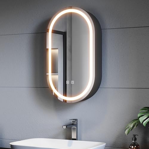 SUNXURY Metallspiegelschrank Bad mit Beleuchtung, 40x70 cm Oval Hängeschrank mit Spiegel mit Touch-Schalter, DREI Lichtarten und Antibeschlag, Wandmontage, Schwarz