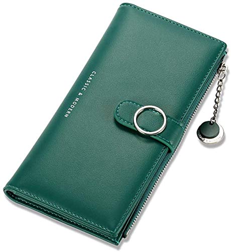 Slim Fashion Long Wallet RFID Blocking Wallet Leather Clutch Phone Bag Lady Purse Handbag Zipper Wristlet Pendant Cellphone Pocket Holster Pouch Card Holder Travel Wallet Case for Women (Green)