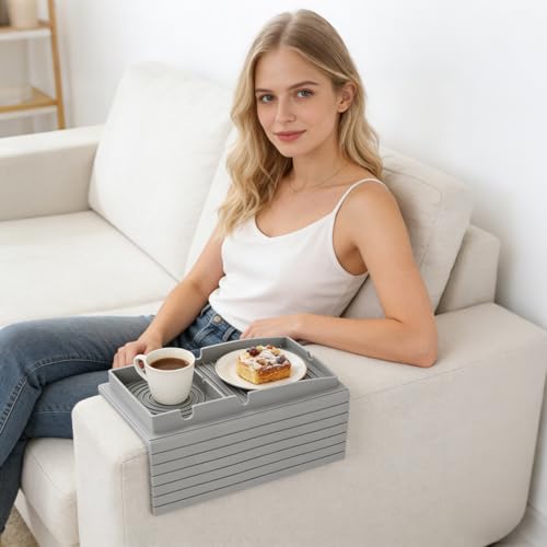 Bandeja para reposabrazos de sofá que evita caídas de mandos y derrames de café 8